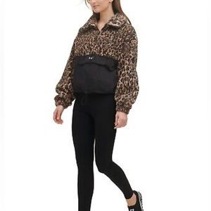 DKNY Sport Leopard Printed Roebling Fleece Quarter Zip Long Sleeve Pullover.